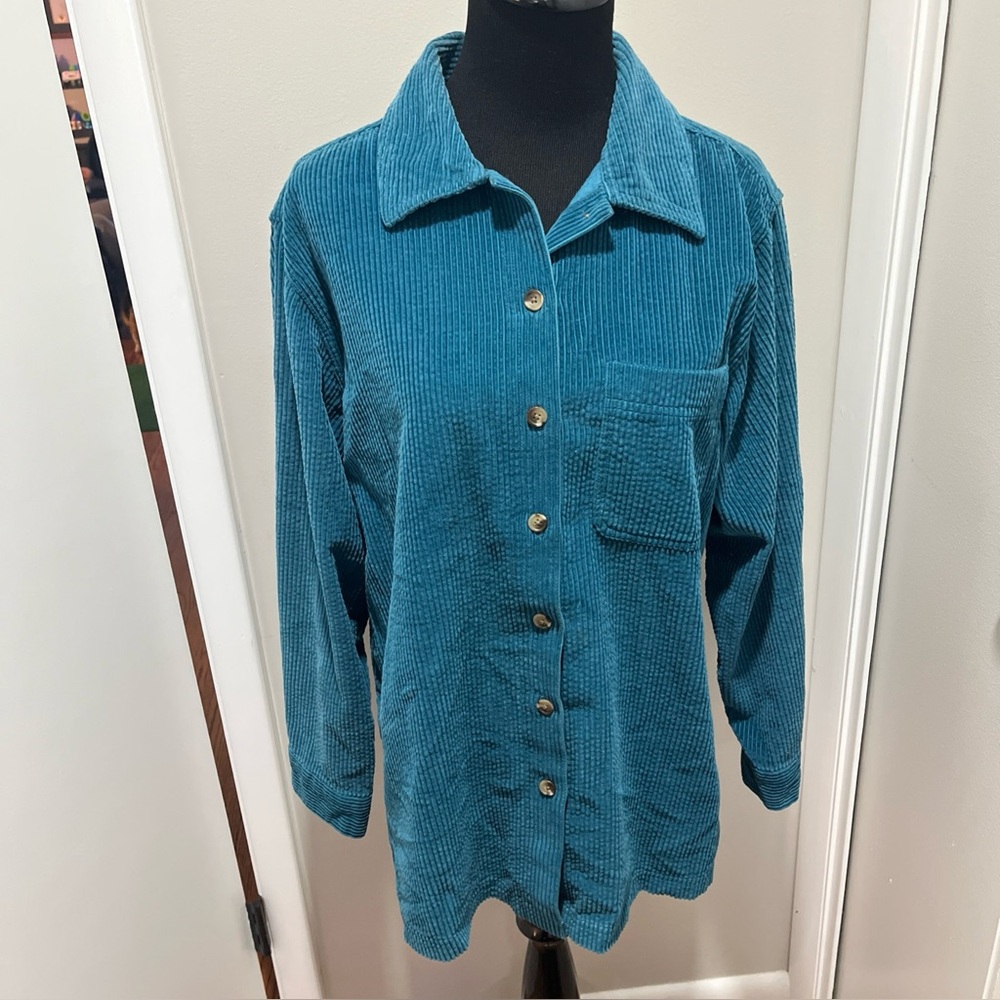 Vintage LL Bean Button Front Corduroy Shirt Size M Long Sleeve Blue Cotton Retro